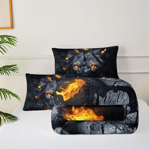 Image of Black & Gold Queen Comforter Set Lion,Lion Queen Size Bedding Set,with 1 Comforter with 2 Pillow Case,Animal Bedroom Decor for Boys Kids Man