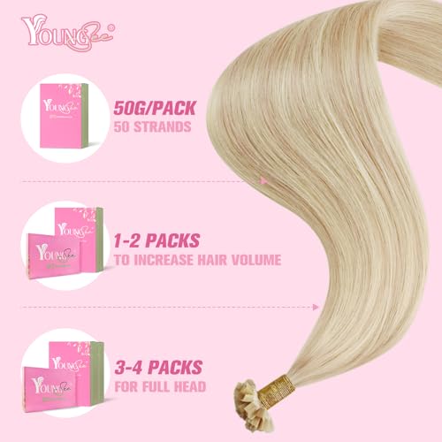 Image of YoungSee K Tip Hair Extensions Human Hair Blonde with Bleach Blonde Highlight Keratin Hair Extensions Highlight 18In 1G /S 50G