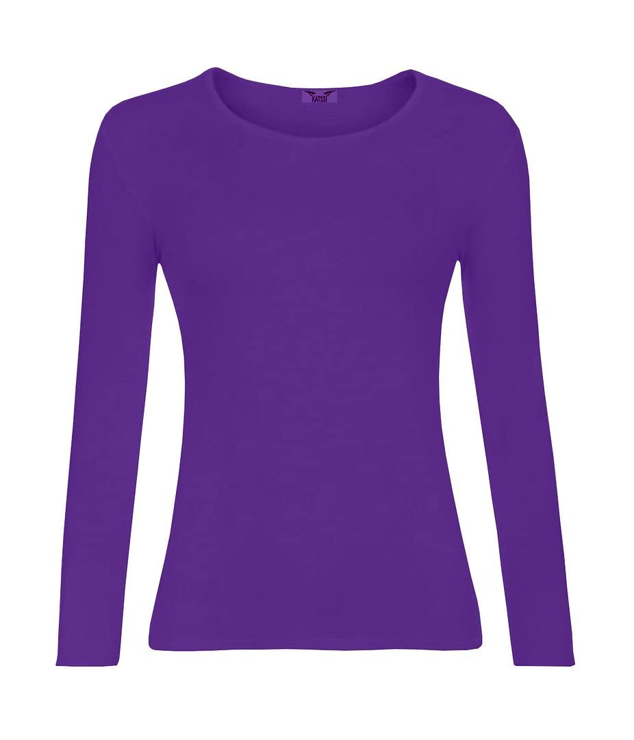 KATSSI Women’s Ladies Long Sleeve Stretch Plain Round Scoop Neck T Shirt Top SM Purple