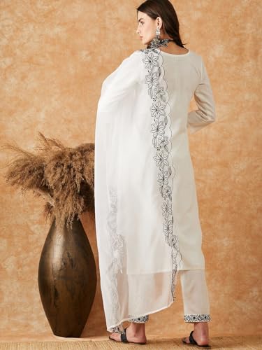 Image of SheWill Women's Floral Yoke Embroidered Thread Work Straight Kurta with Trouser & Dupatta| Kurta Set for Women| Kurta Set for Women with Dupatta| Kurti Set for Women| Kurta Plazo Set with Dupatta