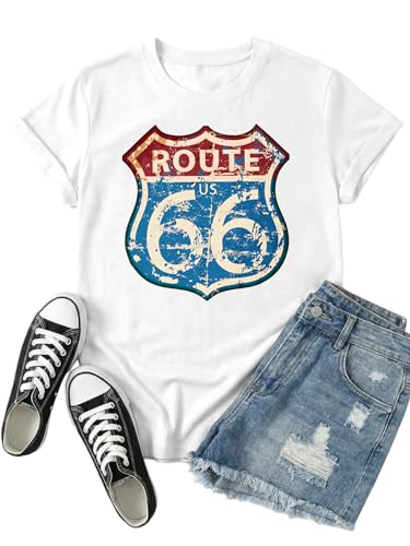 Graphic Route 66 T Shirt Vintage Highway Sign Tee for Women Short Sleeve Crewneck Top White