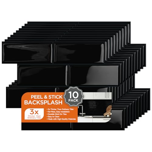 10-Sheet Peel and Stick Backsplash Tile for Kitchen, 3D Marble Look Vinyl Self Adhesive Stick on Subway Wall Tiles for Bathroom Living Room 11.4"x8.2" Black