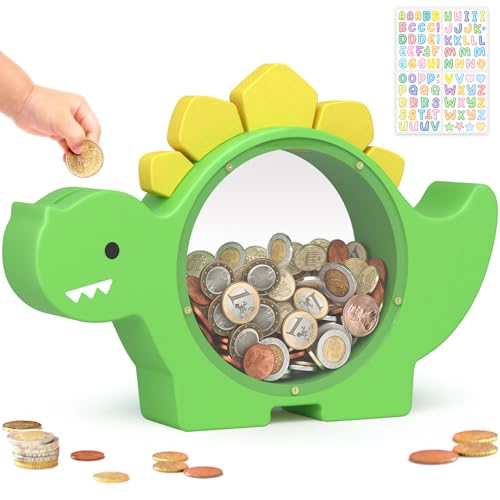 Summidate Wooden Dinosaur Piggy Bank for Kids Boys, Cute Wood Dino Money Bank for Toddlers, Creative Saving Coin Jar, Personalized Present for Child Birthday & Decor (Green, Standard)