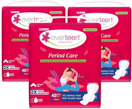 everteen XXL Soft Sanitary Pads for Women, Rash Free, Anti Tan, Skin Friendly, Double Wing Shape, Advanced Leak Protection, XX Large, 320mm - 3 Pack (