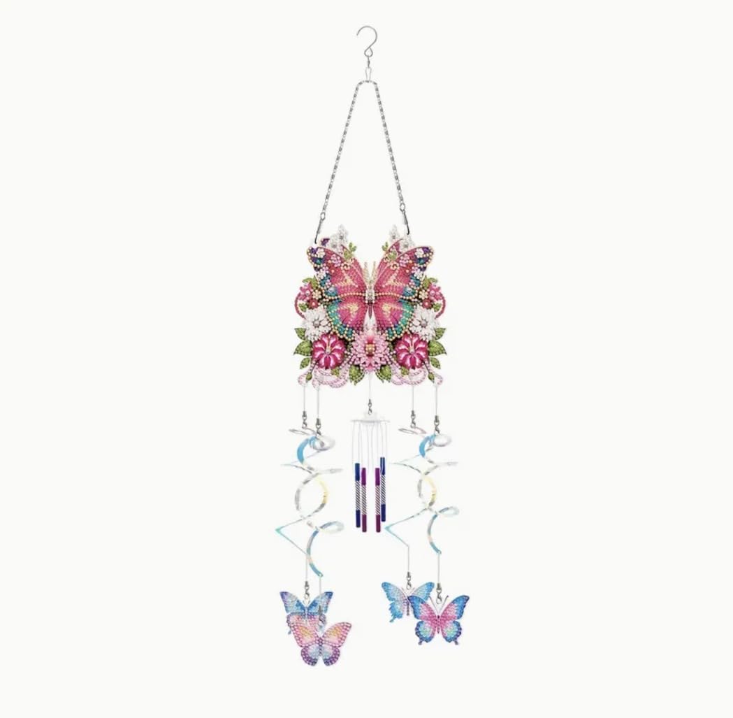 Syntego 5D Diamond Painting Kit I Pink Floral Butterfly Art Kit with Windchime & Rhinestone I Home Decoration Set for Adults & Beginners I Easy to Use, Lightweight Gift for Art Lovers