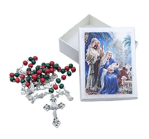 Generico Corona del Rosario en Madera Navideña, 7 mm, Rojo y Verde, Caja con Imagen de Natividad, Producto Artesanal Italiano