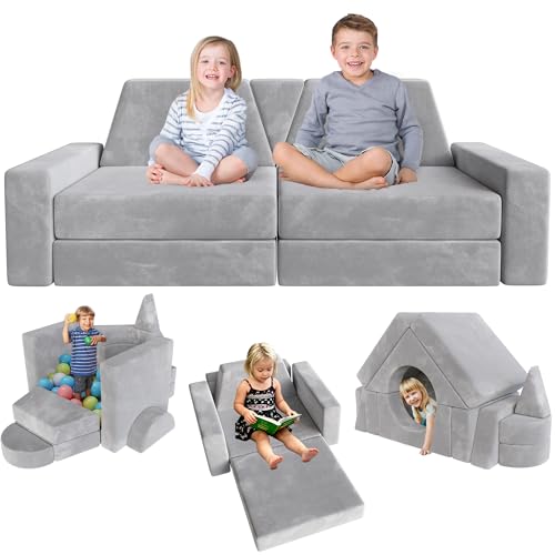 YEFU 15pcs Modular Kids Play Couch, Kids Couch for Toddler & Children, Toddler couches, Kid Couches Fort Building kit for Playroom Furniture, Kid Play Couches, Convertible Sofa for Boys & Girls, Grey
