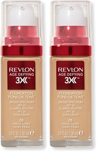 Revlon Liquid Foundation, Age Defying 3XFace Makeup, Anti-Aging and Firming Formula, SPF 30, Longwear Medium Buildable Coverage with Natural Finish, 005 Fresh Ivory, 1 Fl Oz (Pack of 2)