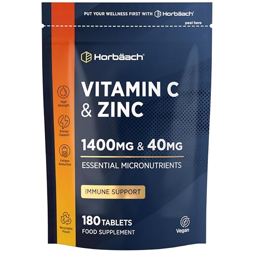 Vitamin C 1400mg and Zinc 40mg Tablets | 180 Count | High Strength Complex with Vitamin C as Ascorbic Acid | Immune Support | Suitable for Vegans | By Horbaach