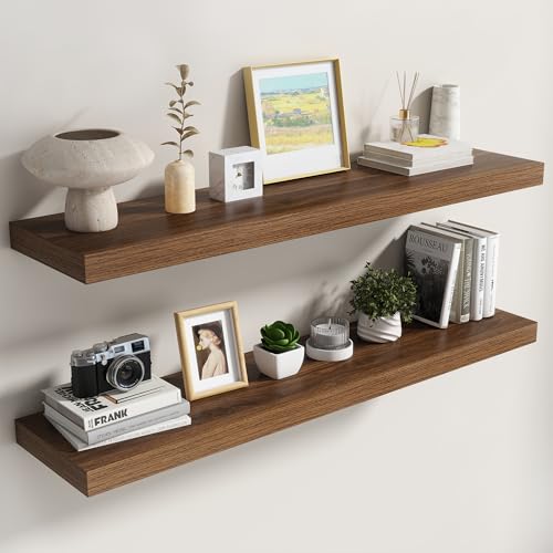 Image of Dreamland 48 Inch Floating Shelves for Wall,8 Inch Deep Floating Shelves,48 inch W x 8 inch D Wall Shelves for Bedroom,Living Room,Kitchen,Bathroom,Walnut,Set of 2