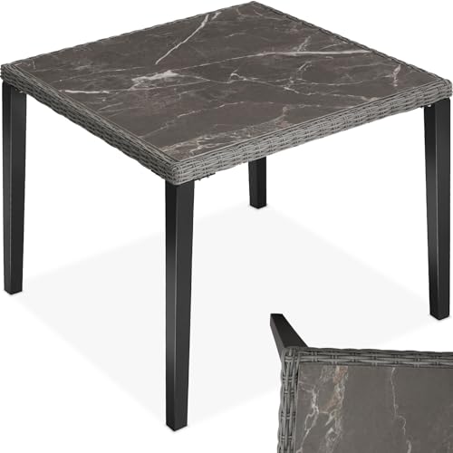 tectake® Mesa de Jardín Exterior de Ratán, Aluminio y Madera, 93,5 x 93,5 x 75 cm, Muebles Jardín Exterior Resistentes a Intemperie, Tablero Gres Extraíble, Topes en Patas, Fácil Montaje   Gris