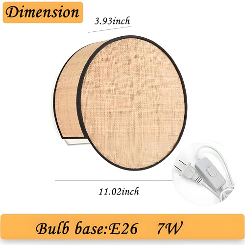 Image of Bofea-Rattan Boho Wall Llight,Plug in Wall Sconces | Wall Hanging Lamps with Hand Woven Hemp Rope Shade,Farmhouse Circular Wall Lamps Light Fixture Indoor for Living Room