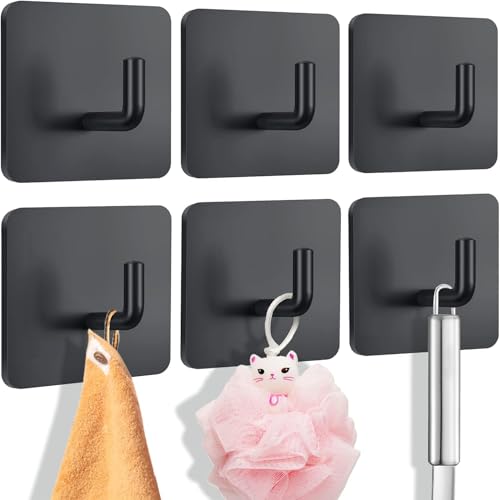Image of 6 PCS Self Adhesive Wall Hooks | Heavy Duty Stainless Steel Waterproof Hooks for Wall Without Drilling | Multipurpose Towel, Bathroom, Kitchen (Stainless Steel Hook Sticker - Black Pack of 6)