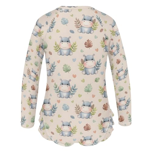 Cute Hippo Pattern with Leaves Girls Rash Guard Swimsuits Long Sleeve One Pieces Bathing Suit UPF 50+ Zipper Swimwear3