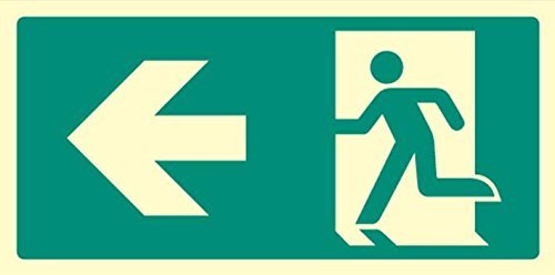 Cartello, freccia sinistra, Glow Sav, altezza esterna 150 mm, larghezza esterna 300 mm, segno colore bianco su verde, cartello leggenda uscita fuoco freccia sinistra, materiale cartello vinile