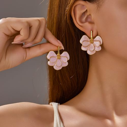 Hot Pink Earrings Gold Red White Pink Flower Earrings Irregular Petal Earring Unique Statement Floral Dangle Earrings Trendy Boho Jewelry Suitable for Weddings and Parties2