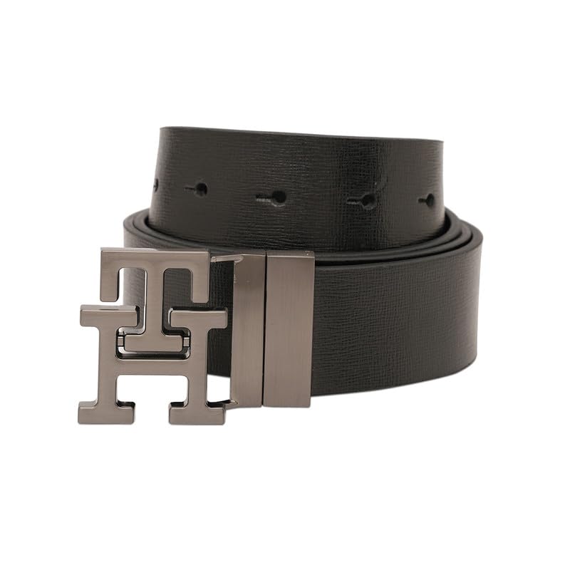 Image of Tommy Hilfiger Men's Phnom Reversible Leather Belt - Textured Style With Th Monogram And Brushed Gunmetal Finish - Semi-Formal Versatility Ideal for Gifting