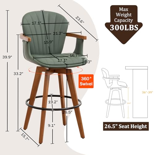 Image of LUNLING 26 inch Counter Height Stools Set of 2,Mid Century Modern Bar Stools,Green PU Leather Kitchen Island Stool,Wood High Barstools Swivel with Back and Arms for Home Bar Furniture