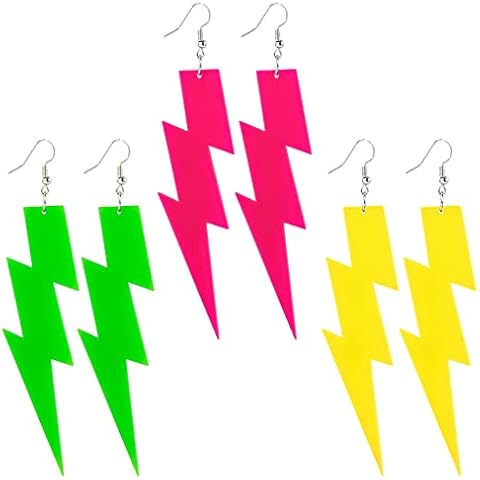 Framendino, 3 Pairs 80s Neon Earrings Lightning Bolt Earrings Retro Acrylic Drop DangleHalloween Earrings for Women 80's Party Cover