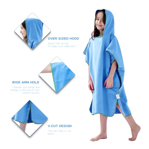 jooeer Surf Poncho Towel for Kids Microfibre Hooded Changing Beach Towel Dress for Boys Girls Pool Swimming Camping Travelling Bathing - Image 2