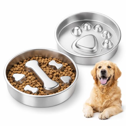 Lot de 2 gamelles pour Chien en INOX 304, gamelle Chien INOX 2 en 1 Double Face, gamelle Anti-glouton avec Bol Chien pour friandises, Lavable au...