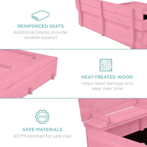 Image of Best Choice Products Large Outdoor Wooden Sand Box for Kids, Sandbox with Cover, Bench Seats Support up to 220 lbs, Bottom Liner for Drainage, Cedar Wood - Pink
