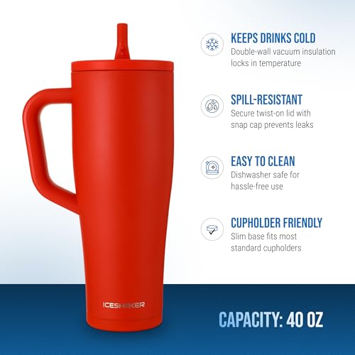 Image of Ice Shaker 40 oz Tumbler with Handle and Straw | 40oz Red | Cold for 30+ Hours | 2-in-1 Tumbler Shaker Bottle | Odor-Free 40 ounce Bottle for Water, Protein Shakes, Smoothies, Cocktails
