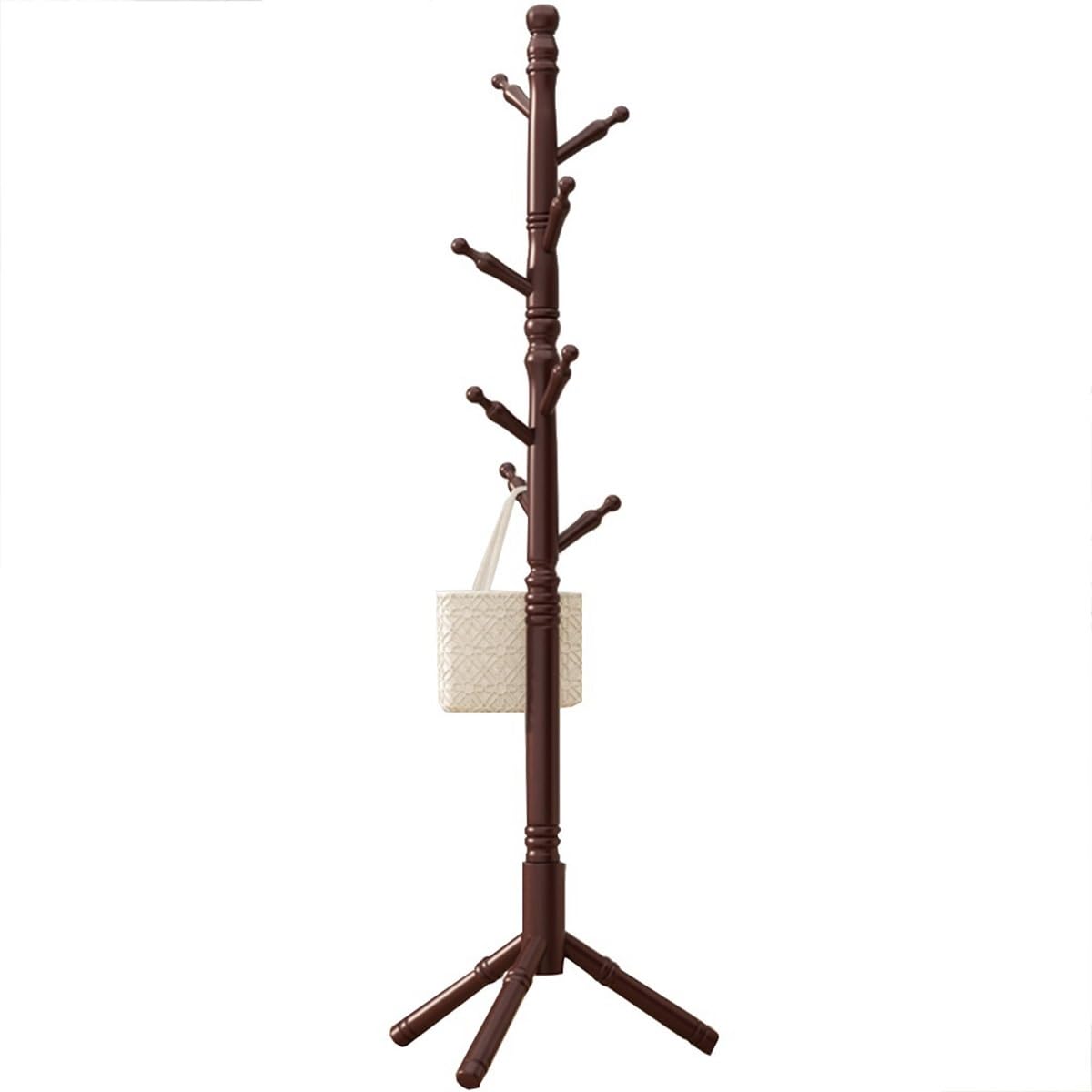 FCXWEVR Adjustable Wooden Coat Rack with 8 Hooks Freestanding Hat and Bag Holder for Hallway Umbrellas Clothing Scarves Sturdy Triangular Base (Brown)