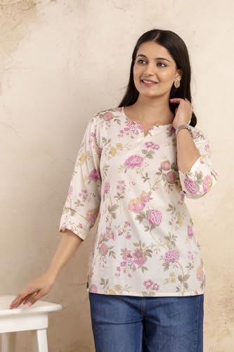 Image of Women's Floral Print Tunic Top, 3 /4 Sleeve, V-Neck, Casual Wear