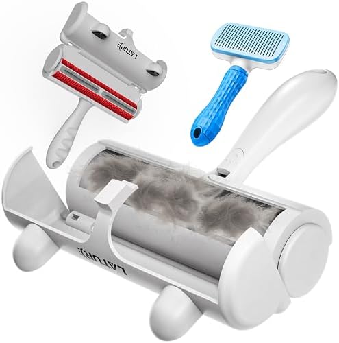 Reusable Pet Hair Remover & Lint Roller with Cat Hair Brush, Dog Brush for Shedding Self-Cleaning Fur Tool for Cats & Dogs, Works on Furniture, Couch, Carpet, Bedding & Car Seats - Portable Silver
