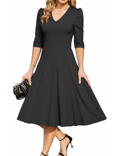 MAKABO Women's Black Funeral Dresses 2026, Flared A Line Dresses 3/4 Sleeve V Neck with Pockets Church Tea Party Vintage Dress, M