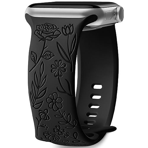 Mastten Bracelet Gravé Floral Compatible avec Bracelet Apple Watch 38mm 40mm 41mm pour Femme, Bracelet en Silicone Souple à Motif de Fleurs Roses Elégantes pour iWatch Series 9 SE 8 7 6 5 4 3 2, Noir
