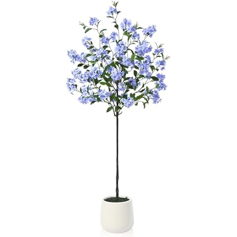 SOGUYI 5ft Artificial Hydrangea Tree - Faux Blue Silk Flowers in White Imitation Ceramic Planter - Fake Plants for Indoor Home Office and Living Room Decor - Perfect Housewarming Gift Cover