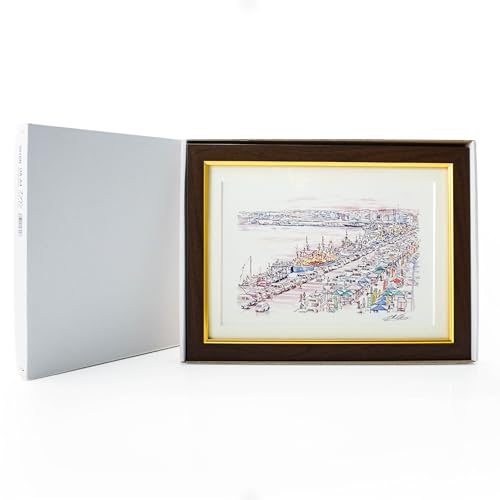 [館鼻岸壁朝市]八戸の風景 複製画 26.5×36.0×3.0 800g 風景画 額付き マット 青森県 八戸市