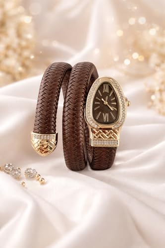 Image of Snake Wrap Watch for Women | Gold Plated Stainless Steel Bracelet Watch | Brown Leather Strap | Quartz Analog | Crystal Accent Dial