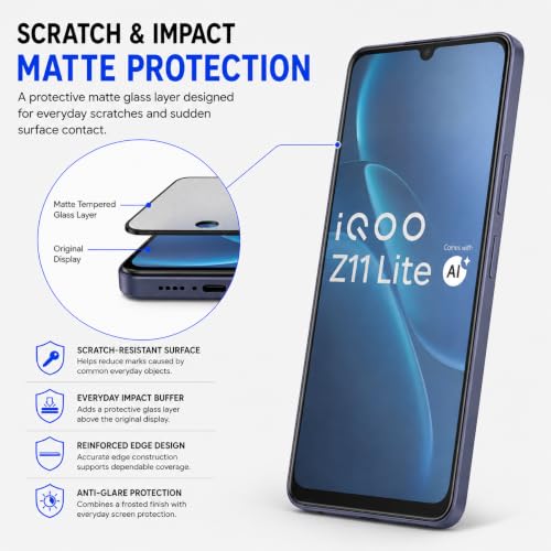 Image of FIRST MART Military-Grade Matte Tempered Glass for iQOO Z11 Lite - 9H Screen Protector, Anti-Glare Protection, Scratch-Resistant, Bubble-Free (1 Pack)