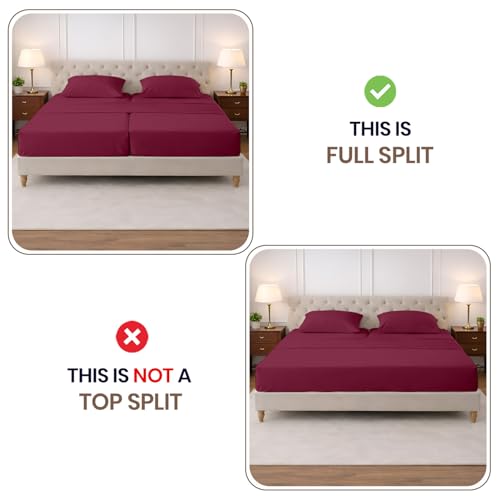Image of SGI Split King Sheet Set for Adjustable Bed Egyptian Premium Cotton 600 Thread Count Sheets for Sleep Number Bed 15 inch Deep Pocket 5 Pc Set with 2 Twin XL Fitted Sheets Soft Breathable -Burgundy
