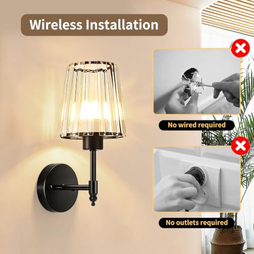 Image of Crystal Battery Operated Wall Sconce Set of 2, Rechargeable Wireless Wall Lights with 5200mAh Dimmable Bulbs and Remote,15 Colors Wireless Wall Lamps for Bedroom Living Room Hallway Decor-Clear black