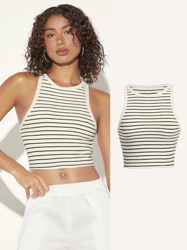 Image of Aahwan Women's & Girl's 100% Polyester Black Slim Fit Striped Crop Racerback Tank Top