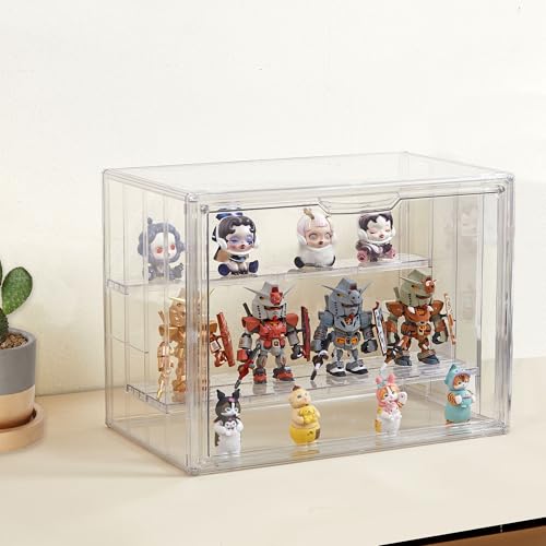 Image of Clear Acrylic Display Case Upgrade 4 Tier Figure Display Case with 3 Movable Dividers, Stackable Display Box Showcase with Magnetic Door for Collectibles (Large-2pack)