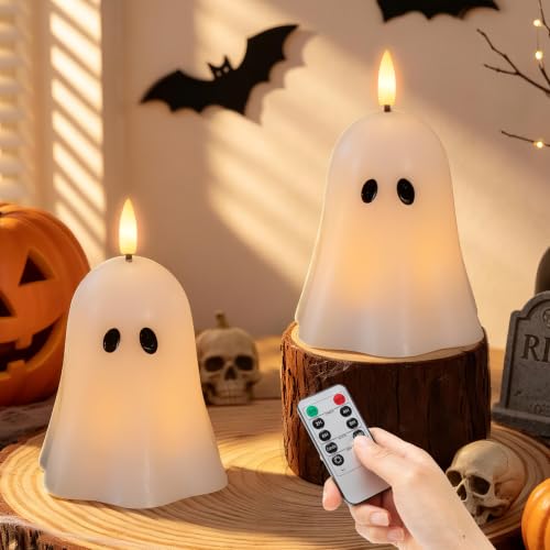 Image of Ghost Flameless Candles with Remote Timer, Spooky Halloween Decor For Home | Flickering Battery Operated LED Candles, Real Wax, Hand Painted, Table Fireplace Mantel Party Festival Decoration Gift, 2Pack