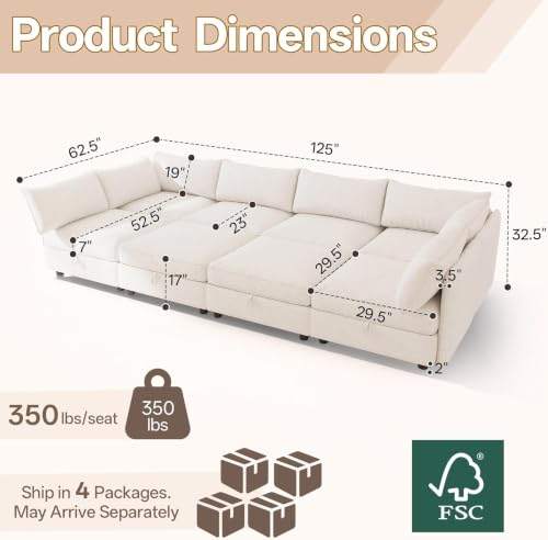 Image of 125 inch 8 Seat Modular Sectional Sleeper Sofa, Chenille Modern Modular Sofa Bed Hidden Storage, Convertible L&U Shaped Sleeper Couch with Ottoman, Couches for Living Room, Beige