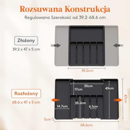 Lifewit Organizer do Szuflady na Sztućce, Wkład do Szuflady, Organizer na Przybory Kuchenne, Kompakt Plastlåda med Plats för Skedar, Gafflar, Knivar, 39-68 x 47 cm, Czarny