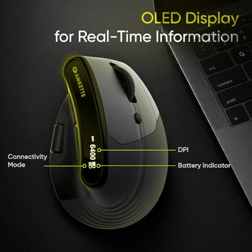 Image of Amkette XS Natural Plus Programmable Vertical Wireless Mouse /Bluetooth Mouse, OLED Display Side Scroll, 6400DPI, 2.4G+3xBT+Wired, 7 Button, Rechargeable, 6400DPI, Web Software, 1000Hz, 2Yrs Warranty