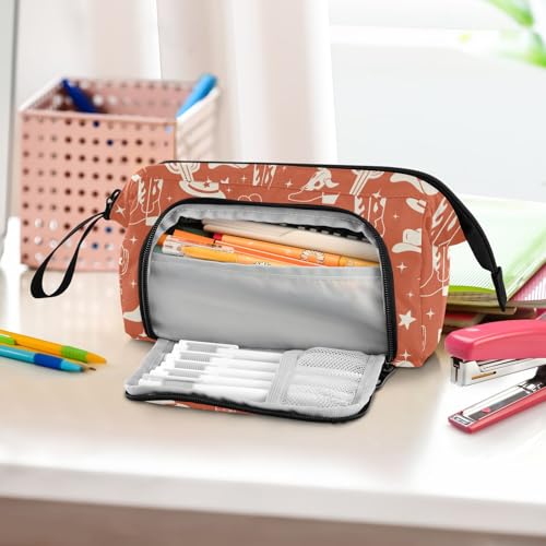 Image of Western Cowboy Orange Pencil Case Pouch Big Capacity Pencil Bag Box Organizer Pen Case with Zipper Pencil Boxes for Boys Girls Kids Women School College