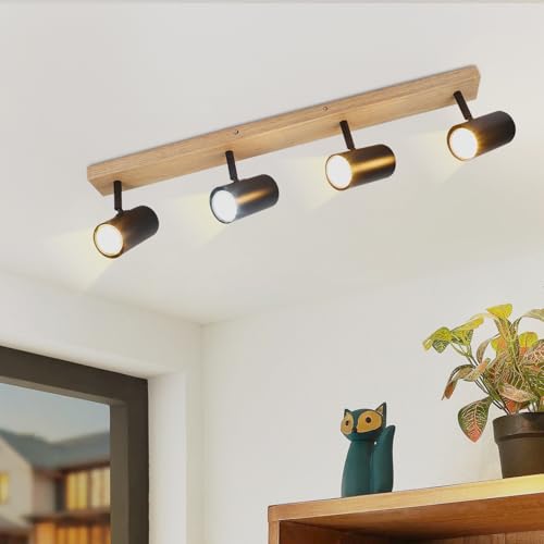 Glitterlife Faretto da soffitto 4 lampadine Lampada da soffitto in legno - Faretti da soffitto neri GU10 Lampada da corridoio Orientabile a 350° Plafoniera vintage da corridoio per soggiorno Camera