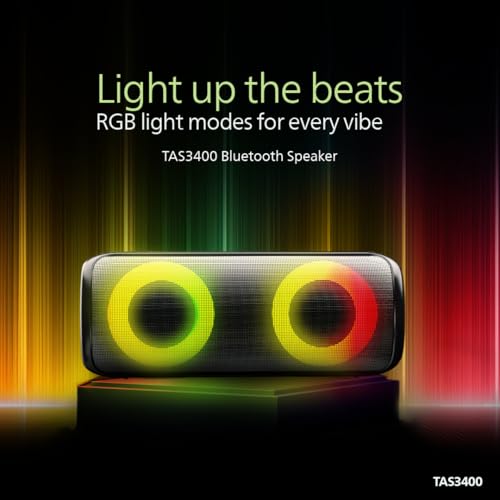 Image of Philips TAS3400BK Portable Bluetooth Speaker with 40W Output, 4000mAh Battery, Stereo Sound, Bluetooth v5.3, IPX5 Sweatproof, RGB Light Modes, Mesh Build, AUX /TF /USB Support w /Hanging Strap (Black)