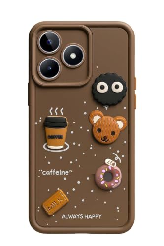 Image of Bintage Cute Fun Taddy Cartoon 3D Ball Bear Milk Donut Coffee Cup Silicon Case Full Body & Camera Protection Back Cover Compatible for Realme C53 - Brown