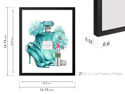 Image of Poster Master Turquoise Blue Designer Print - Fashion Poster - Shoes, Lipstick & Perfume Art - Chic Gift for Women & Fashionista - Glam Decor for Bedroom or Girl's Room - 11x14 Black Framed