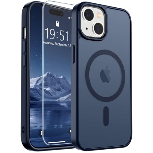 Image of SUPFINE Magnetic for iPhone 15 Case with Screen Protector (Compatible with MagSafe) (Military Grade Drop Protection) Translucent Matte Shockproof Phone Cover,Dark Blue